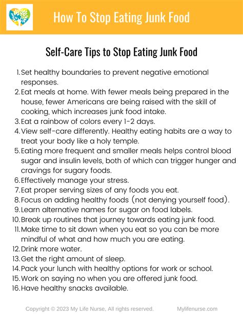 Free printable - Self-care Guide To Stop Eating Junk Food - My Life Nurse