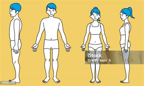 Men And Women Correct Standing Posture Side And Front View Stock