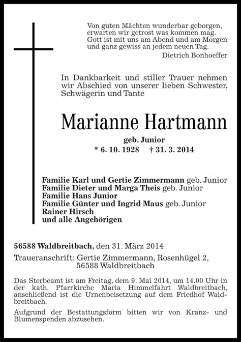 Traueranzeigen Von Marianne Hartmann Rz Trauer De