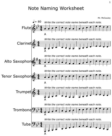 Note Naming Worksheet Sheet Music For Flute Clarinet Alto Saxophone