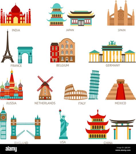 Travel Icons Set With World Famous Landmarks And Buildings Isolated