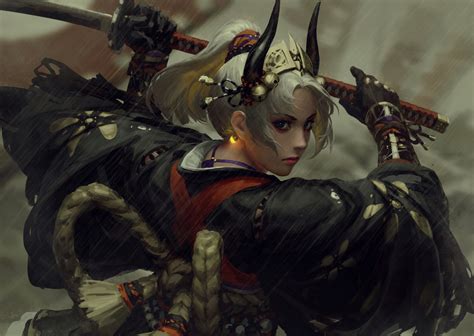 Artwork Mantle White Hair Samurai Rain Guweiz Katana Women Hd