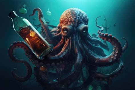 Un pulpo con una botella de alcohol ilustración 3d del mundo submarino