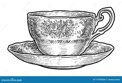 Antique Porcelain Cup Of Tea Illustration Drawing Engraving Ink