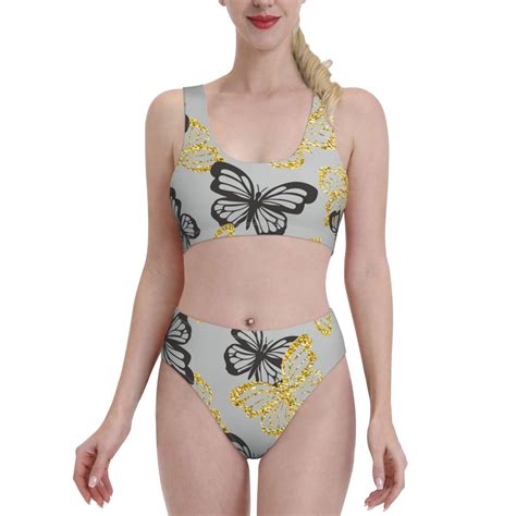 Lukts Women High Waisted Bikini Set Golden Glitter Butterflies Swimsuit