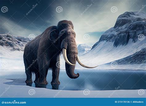 Peaceful Scene of a Frozen Lake with a Towering Mammoth in the Background Stock Illustration ...