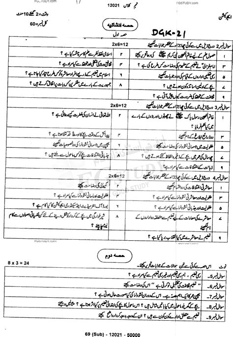 9th Class Education Past Paper 2021 Dg Khan Board Subjective