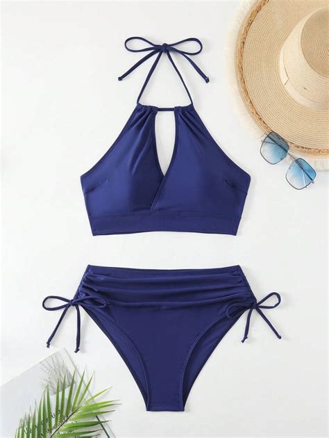 Conjunto De Bikini Azul Real Para Mujeres Con Dise O Hueco En Cuello Halter Ideal Para Verano