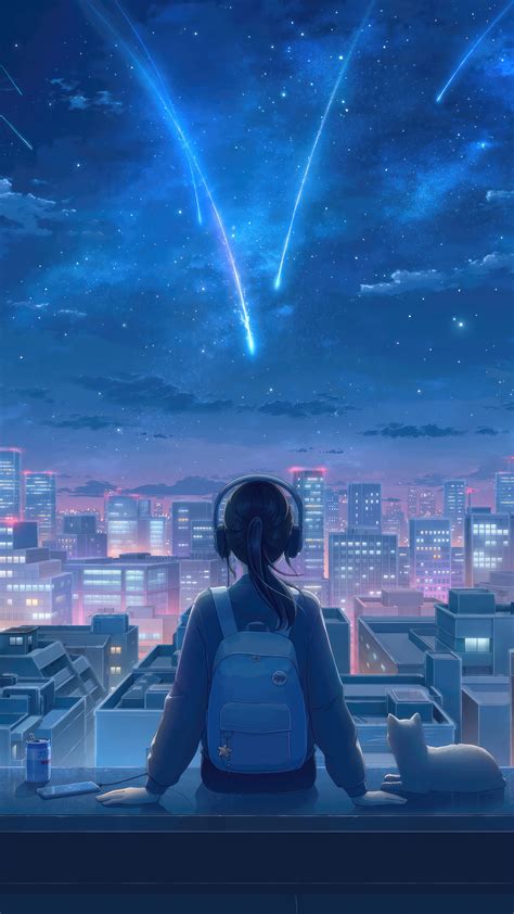 Anime Girl Alone Cat Night Sky 4K #7431l Wallpaper iPhone Phone