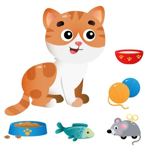 Cartoon Adorable Cat With Different Toys And Elements Stock Vector ...