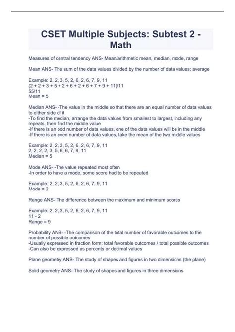 CSET Multiple Subjects Subtest 2 Math QUESTIONS WITH 100 VERIFIED