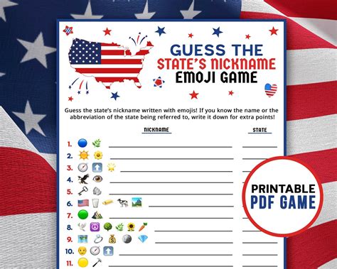 US States Nickname Emoji Quiz Game 4th Of July Party Etsy