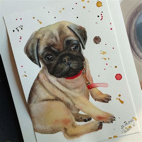 Mops Portrait Tiere Aquarellmalerei Hund von Franziska Kröner