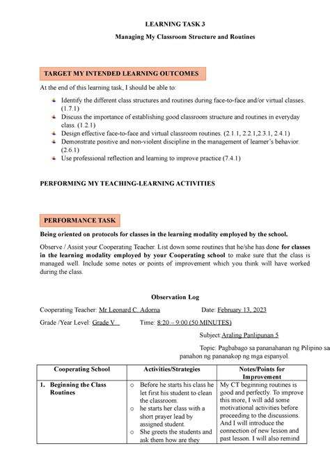 3 Learning Task Learning Task 3 Managing My Classroom Structure And