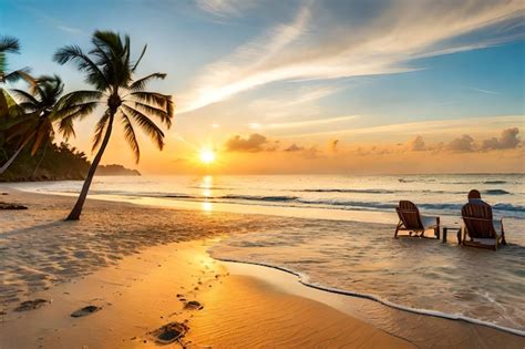 Premium Photo | A beach at sunset with a palm tree in the foreground