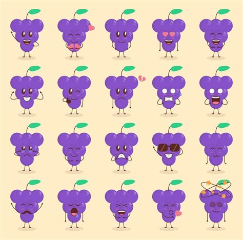 Colorful Cute Grape Cartoon Set with Various Expression 4447956 Vector ...