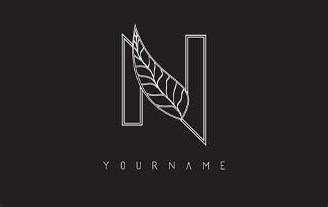 White Outline N Letter Logo with outline leaf design. Vector ...