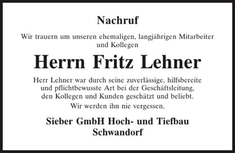 Traueranzeigen Von Fritz Lehner Mittelbayerische Trauer