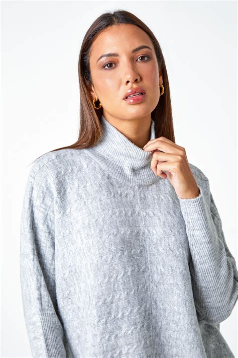 Light Grey Cable Knit Roll Neck Stretch Jumper Roman Uk