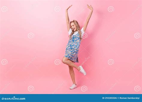 Full Size Portrait Of Cheerful Gorgeous Girl Raise Hands Enjoy Dancing