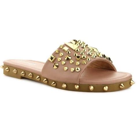 Toya Nude Studded Spiked Slides Studded Sandals Womens Sandals Flat