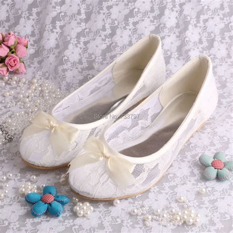 Ivory Lace Ballet Flats Bridal Wedding Shoes Women With Ribbon Bowtie