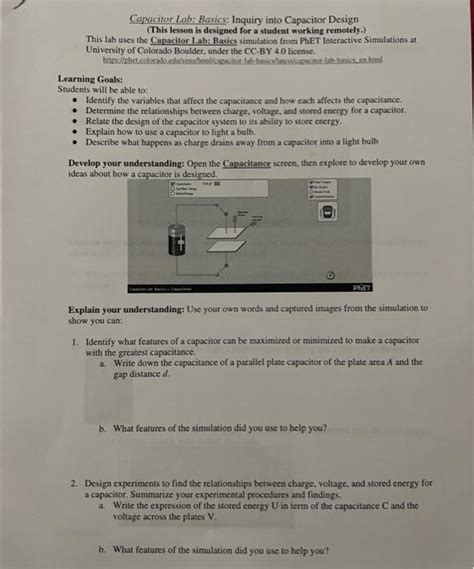 Solved Capacitor Lab Basics Inquiry Into Capacitor Design