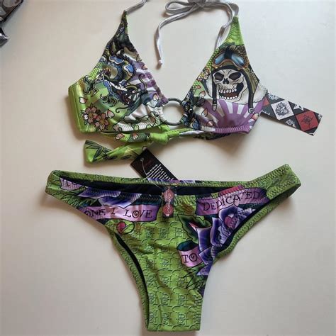 Ed Hardy Green Dragon Floral Print Halter Bikini Top Depop