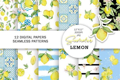 Watercolor Lemon And Italian Tile Digital Paper