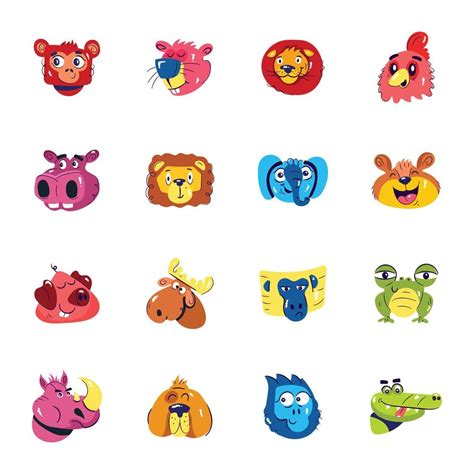 Pack of Cute Animal Face Flat Stickers 17063023 Vector Art at Vecteezy