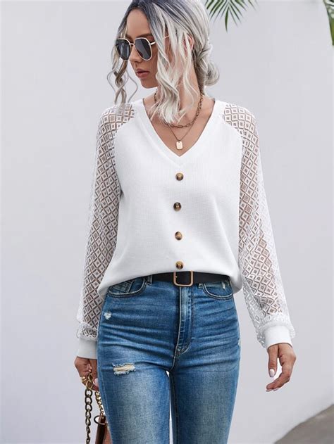 Shein Lune Contrast Lace Raglan Sleeve Button Front Top Shein Usa