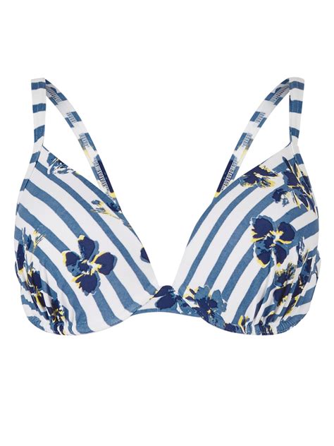 Navy Stripe Floral Print Plunge Bikini Top Size Dd Cup