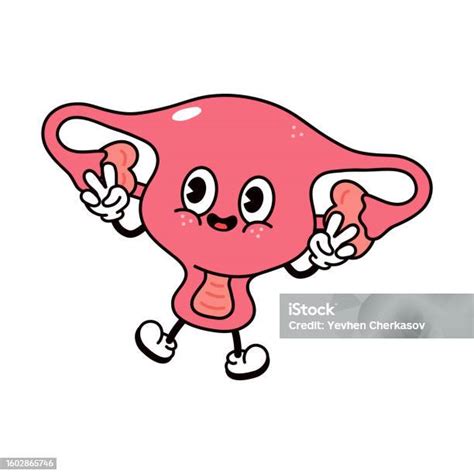 Jumping Uterus Character Vector Hand Drawn Traditional Cartoon Vintage Retro Kawaii Character