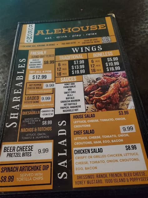 Menu at Kokomo Alehouse restaurant, Kokomo