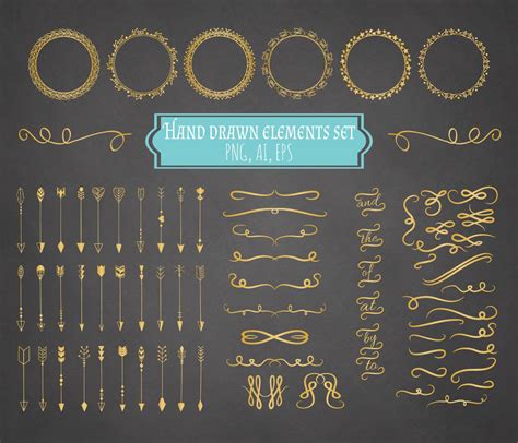 Hand Drawn Arrows Swirls Flourishes Frames Wreath Clipart Gold