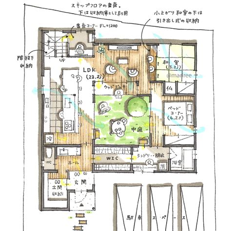 36坪 3ldk 中庭をロの字に囲みプライベート空間充実、平屋のように使える1階で家事完結の家の間取り図｜「madree（マドリー