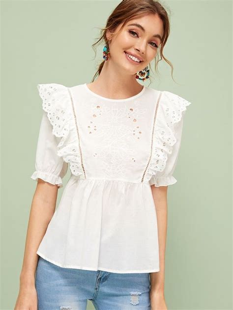 Keyhole Back Ruffle Trim Schiffy Peplum Top SHEIN Trendy Fashion