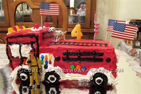 Fun Homemade Fire Truck Cake With Candy Decorations