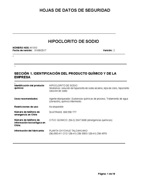 HDS M1010 Hipoclorito DE Sodio Pdf 18 10 2017 HOJAS DE DATOS DE