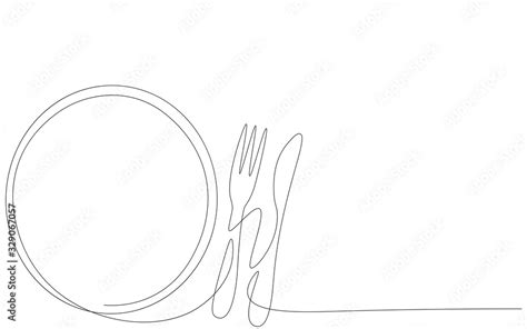 Fork, knife and plate line drawing vector illustration Stock Vector | Adobe Stock