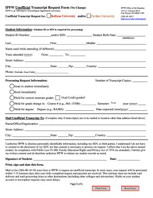 Fillable Online Ipfw Ipfw Unofficial Transcript Request Form No Charge