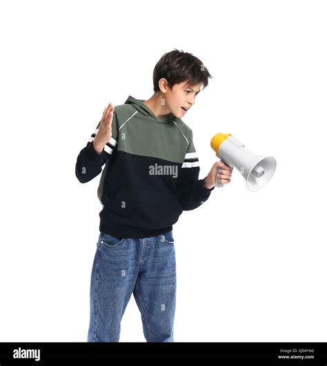 Teenage Boy Shouting Into Megaphone On White Background Stock Photo Alamy