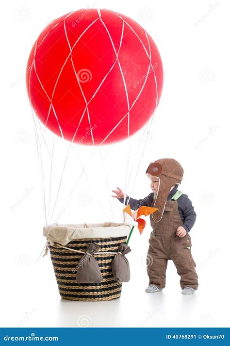 Baby With Pilot Hat On Hot Air Balloon Stock Image Image Of Gasbag Happy