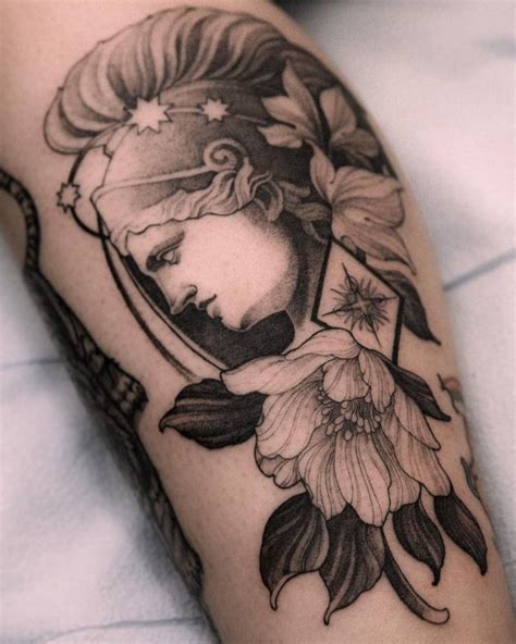 Athena Portrait Tattoo Located On The Calf