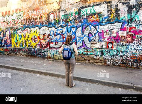 Moscow, Russia - July 9, 2019: Viktor Tsoi wall, popular tourist landmark in Moscow city center ...