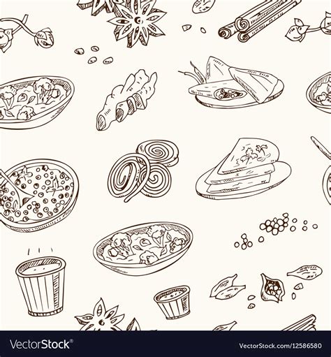 Hand Drawn Seamless Pattern Indian Cuisine Vector Image