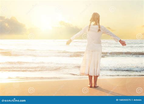 Happy Blonde Girl On Beach Enjoying Serene Ocean Nature During Travel Holidays Vacation Outdoors