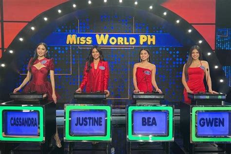 four women in red dresses stand on three television sets with the words'miss world ph