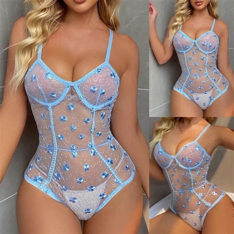 Dames jolie fille solide érotique Lingerie Sexy frissonnant costume une pièce Bleu clair Bleu