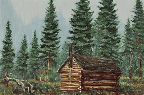 Bob Ross Style Log Cabin with Pine Trees Misty Mountains Graphic ...